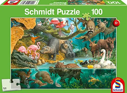 Schmidt Spiele Puzzle 56306 Tierfamilien am Ufer 100 Teile Kinderpuzzle, bunt
