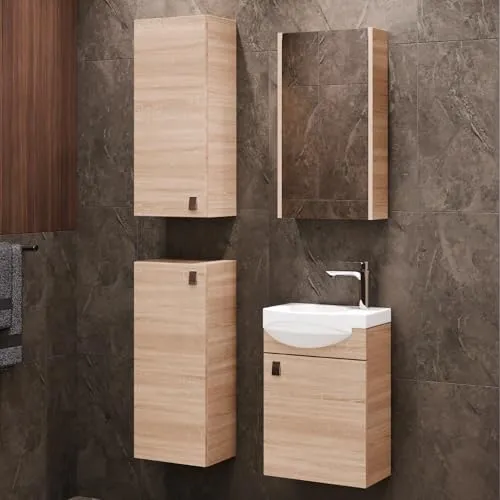 Planetmöbel Badmöbel Set mit Waschtisch und Spiegelschrank - Kompaktes Badmöbel Set für kleine Bäder: Inkl. Waschtisch, Spiegelschrank und 2 Midischränken – pflegeleicht und feuchtigkeitsresistent für eine ordentliche und stilvolle Badezimmergestaltung.