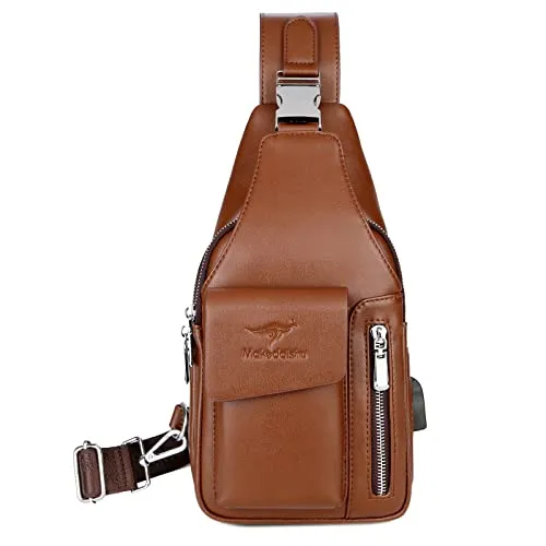 GKE Leder-Schultertasche, kleine Umhängetaschen für Männer im Freien Wandern gegen Diebstahl Braun