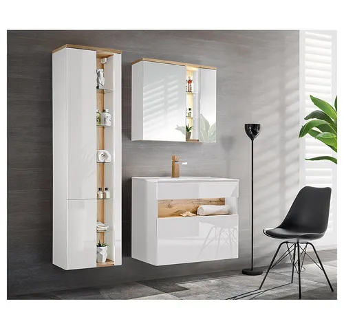 Lomadox Badmöbel-Set BERMUDA-56, Weiß-Hochglanz mit Wotaneiche - Modernes Badmöbel-Set in Weiß-Hochglanz, 4-teilig, inkl. Waschtisch mit Keramikbecken und Hochschrank. Mit Soft-Close-Funktion und indirekter LED-Beleuchtung für ein stilvolles Ambiente im Badezimmer.
