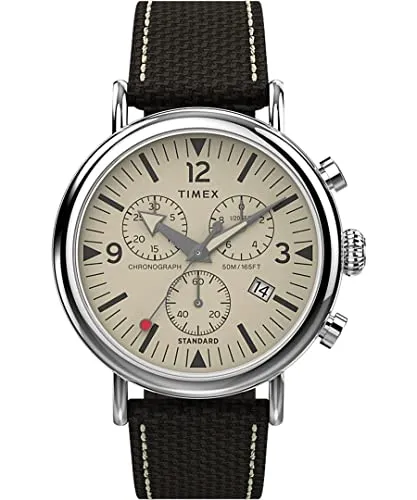 Timex Chronograph WATERBURY STANDARD TW2V43800AJ - Herrenuhr mit Stoppfunktion und Leuchtzeigern - Chronograph mit Quarz-Antrieb, stilvollem beigen Zifferblatt und wasserdicht bis 5 bar. Ideal für modebewusste Männer, die Funktionalität und Design schätzen.