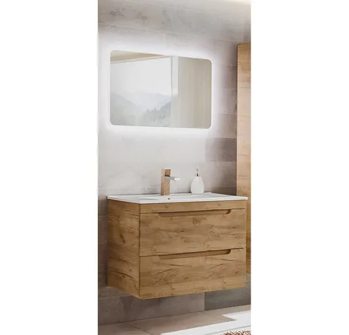 Lomadox Badmöbel-Set LUTON-56-CRAFT - Badmöbel Set in Wotan Eiche Nb., modernes Design mit Soft-Close-Funktion und LED-beleuchtetem Spiegel für eine stilvolle Badezimmereinrichtung.