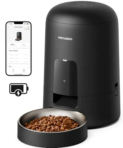 PETLIBRO Futterautomat Katze, Katzenfutter Automat Kabellos 2,4G WiFi Intelligenter Futterspender Katze, Wiederaufladbarer Akku mit 30 Tagen Batterielebensdauer, mit Edelstahlnapf, APP-Steuerung