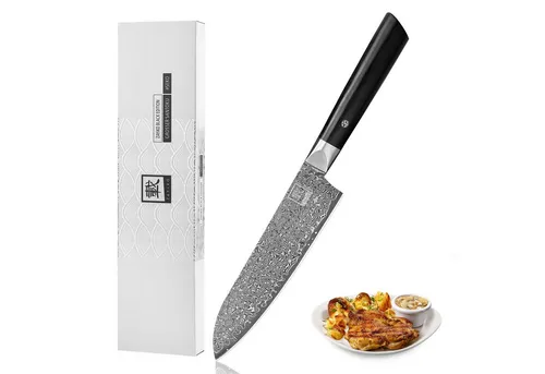Zayiko Santoku Messer 18 cm - Damaststahl mit Pakkaholzgriff - Küchenmesser aus 67 Lagen Damaststahl, ideal für Fleisch, Fisch und Gemüse. Ergonomisches Design und hohe Flexibilität machen es zum Favoriten in Profi-Küchen.