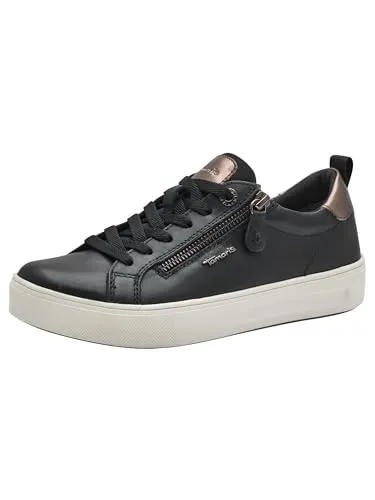 Tamaris COMFORT Damen Sneaker flach mit Reißverschluss, Schwarz (Black), 39 EU - Damen-Sneaker mit T-flow-Technologie für sanfte Dämpfung und herausnehmbarer Einlegesohle für individuellen Komfort – ideal für den ganzen Tag.
