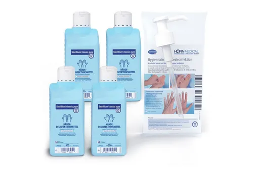 Horn Medical Horn Medical Dosierpumpe mit 4x Sterillium classic pure 500ml Hand-Desinfektionsmittel (Spar-Set, [- bekannt & bewährt Farbstoff- und parfümfrei auch für empfindliche Haut)