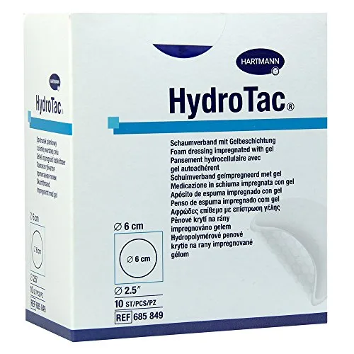Hydrotac Schaumverband 6 cm rund steril - 10 Stück - Kompressen & Verbände, ideal zur Behandlung von Wunden in der Granulationsphase mit innovativer AquaClear Technologie für schnellere Epithelisierung.