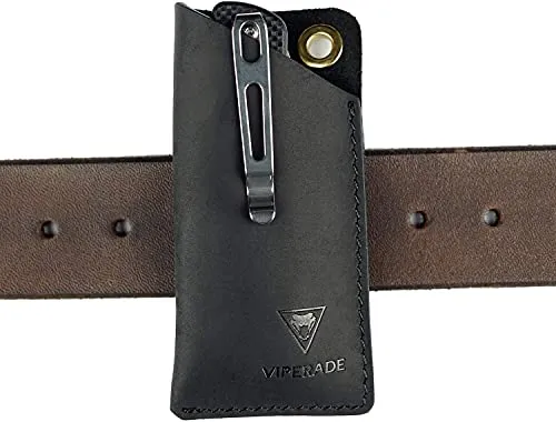 VIPERADE PJ11 Leder EDC Pocket Slip für Rebar Kick/Kratermesser Minimesser Taschenlampe Multitool EDC Lederholster Kleine Leder-Allzweckmesserscheide für Gürtel mit Clip (Schwarz)