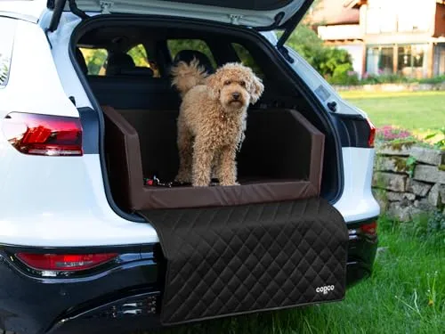 Hundebox Auto mit Kofferraumschutz und Ladekantenschutz – 70x55x38cm Braun/Schwarz - Die praktische Hundebox schützt deinen Kofferraum vor Schmutz und Kratzern. Mit einem 5 cm starken Kaltschaumpolster für hohen Liegekomfort und einer herausnehmbaren, pflegeleichten Schutzmatte – ideal für Reisen mit deinem Hund.