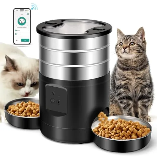 5L Automatischer Futterautomat Katze 2 Näpfe, Katzenfutter Automat 2.4G WiFi Edelstahl Anti-Clog 24h Timer 1-10 Mahlzeiten Tag 1-40 Portionen, Futterspender Trockenfutterspender für Hunde Katzen