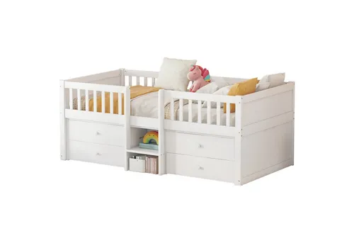 Halbhohes Bett aus Kieferholz, 90x200 cm - Klassisches Bett mit 4 Schubladen für optimalen Stauraum, stabil und langlebig aus hochwertigem Kiefernholz, ideal für moderne Kinderzimmer.
