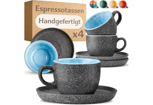 Cosumy Cappuccinotasse Cosumy Espressotassen mit Untertassen 4er Set - 90 ml Keramik Blau, Keramik, Warm