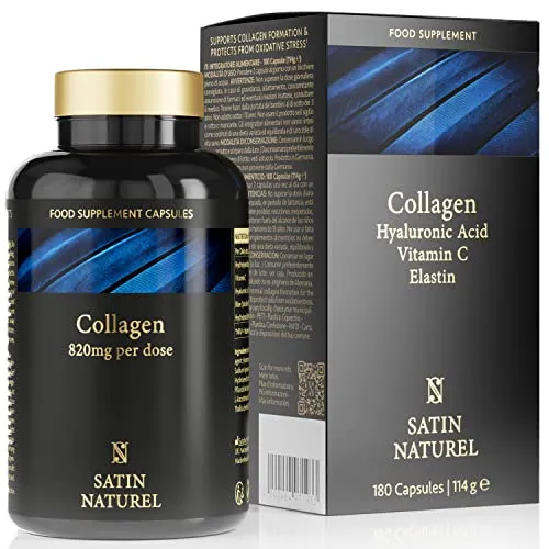 Satin Naturel Kollagen Komplex mit Hyaluron - 180 Kapseln - Hyaluronsäure Collagen Kapseln Hochdosiert - Angereichert mit Vitamin C, Elastin und Spirulina - Ohne Zusatzstoffe - Made in Germany