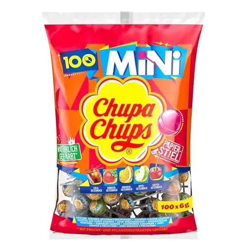 Chupa Chups Mini Classic Lutscher-Beutel, enthält 100 Mini-Lollis, Cola, Orange, Erdbeere, Apfel und Kirsche, geeignet für Geburtstag, 100 x 6g