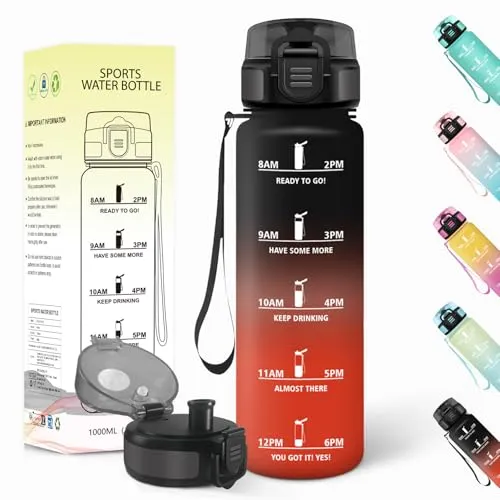 Baramumu Trinkflasche 1l, Auslaufsicher, Trinkflasche Kohlensäure Geeignet, Mit Zeitstempel, Wasserflasche, Sportflasche, für Yoga, Fahrrad, Fitness, Gym, Schwarz-Rot
