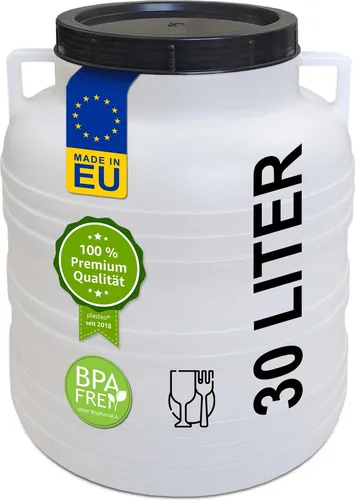 plasteo® 30 Liter Weithalsfass mit Deckel und Griffen, Lebensmittelecht und BPA-Frei Gepäcktonne Sauerkrautfass Futtertonne naturfarben Universalfass