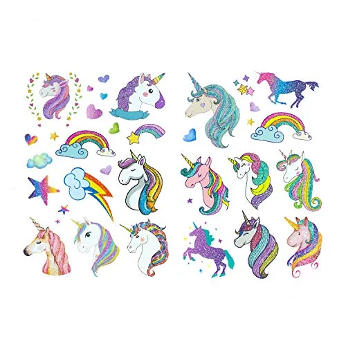 Oblique-Unique® Einhorn & Regenbogen Sticker Tattoos mit Glitzereffekt - wunderschöne, farbenfrohe Einhörner & Regenbogen als temporäre Tattoos