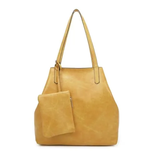 OBC Damen XXL Tasche Set 3in1 Shopper Handtasche Crossbody Hobo Bag Schultertasche Umhängetasche Cross-Over DIN-A4 Damentasche Reisetasche Beuteltasche Leder Optik Gelb