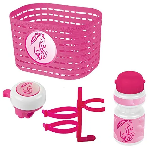 Ventura Unisex – Babys Horse Zubehörset für Kinderfahrrad, Korb, Glocke, Trinkflasche, pink