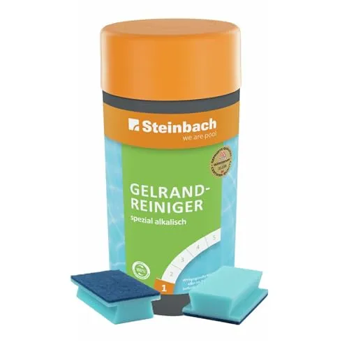 Steinbach | Reinigungsset für Pools | Gelrandreiniger Spezial alkalisch 1 l + Handschrubber Doppelpack | gegen Schmutz-, Fett- & Rußränder | für Folien, Wände & Beckenränder