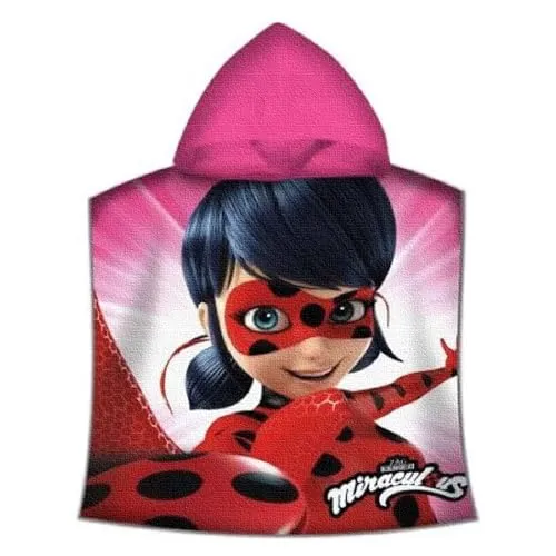 Miraculous Ladybug Kinder-Kapuzen-Bade-Poncho Pink 60 x 120 cm 100% Baumwolle Veloursqualität Pareo Poncho Bademantel Badetuch Strandtuch Duschtuch Handtuch Cat Noir Paris passend zur Bettwäsche