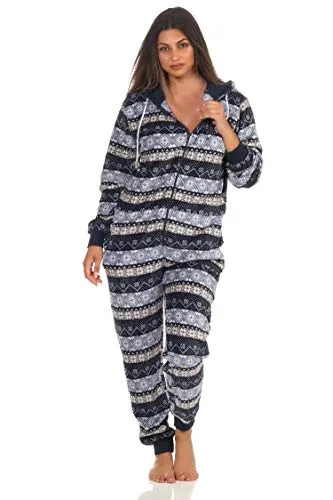 Damen Jumpsuit Overall Schlafanzug Norweger-Look - Damen-Schlafanzug-Einteiler aus Coral Fleece, ideal für den Winter. Das Norweger-Muster und die Bündchen sorgen für perfekten Sitz und hohen Tragekomfort.