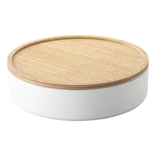 YAMAZAKI 5801 RIN Runde Aufbewahrungsbox mit Deckel - Minimalistische Aufbewahrungsbox aus Stahl und Holz, ideal zum Organisieren kleiner Gegenstände. Der Holzdeckel dient auch als Ablagefläche und ermöglicht praktisches Stapeln.