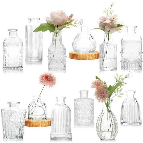 Avmvnvc Vasen Set, 12Set Kleine Glasvase Vintage Mini Vasen Deko Set Verschiedene Groessen Blumenvase für Hochzeitsdekorationen Transparent, Tischdeko Mittelstücke