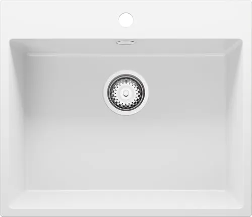 PRIMAGRAN Spülbecken Weiß 58x50cm, Granitspüle 1 Becken + Ablauf-Set, Küchenspüle ab 60er Unterschrank - Riga S173