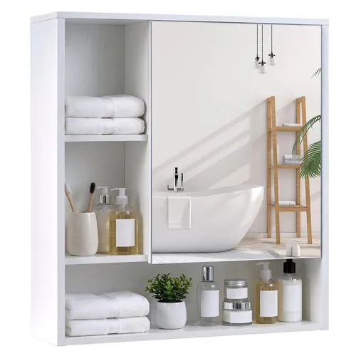 COSTWAY Spiegelschrank mit Spiegeltür und 3 offenen Regalen - Praktischer Badezimmerschrank mit Spiegeltür für optimale Organisation. Bietet viel Stauraum und flexible Montageoptionen. Ideal für Badezimmer, Flur oder Waschküche.
