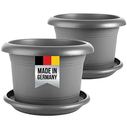 2friends Pflanzkübel groß außen, Gross Blumentopf 40 cm Durchmesser mit Untersetzer, 2er Set Blumentöpfe Pflanztöpfe, Blumenkübel Pflanztopf Rundtopf, Pflanzentopf, Anthrazit, Model: Lilo