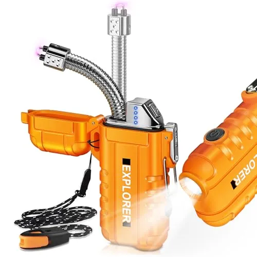 Lafagiet Elektrisches USB C Wiederaufladbares Feuerzeug mit LED-Batterieanzeige & Taschenlampe, Wasserdicht, Winddicht, 360° Flexibler Lichtbogen Feuerzeuge für Kerze, Camping