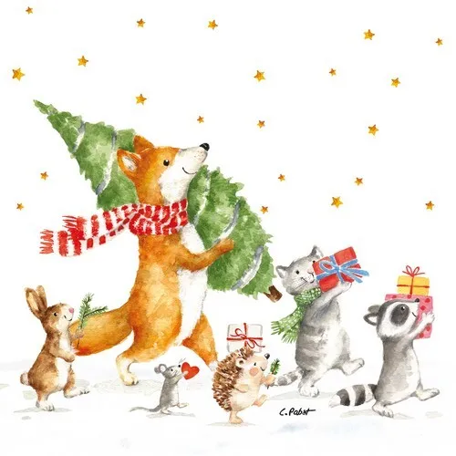 Servietten Let´s get it started Tiere Weihnachtswanderung Christbaum 33x33cm 20