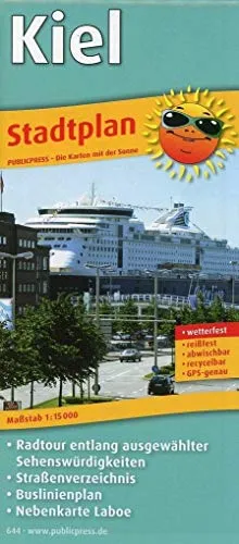 Kiel: Stadtplan mit Radtour entlang ausgewählter Sehenswürdigkeiten, Straßenverzeichnis, Buslinienplan und Nebenkarte Laboe, wetterfest, reißfest, GPS-genau. 1:15000 (Stadtplan / SP)