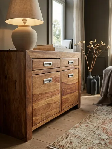 Sideboard MUMBAI aus Massivholz Sheesham - 90 cm Kommode mit 2 Schubladen und 2 Türen - Kommode im Landhaus-Stil mit viel Stauraum und einzigartiger Maserung. Handgefertigt aus hochwertigem Sheesham Massivholz, ideal für Flur oder Wohnzimmer.