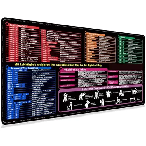 SENLINLIN XL Mauspad Deutsch 80×30×0,3 cm, Hochwertige Schreibtischunterlage für Excel, Word, PPT und Windows Shortcuts/Tastenkombinationen, Anti-Rutsch Gaming Mousepad groß für Büro und Zuhause