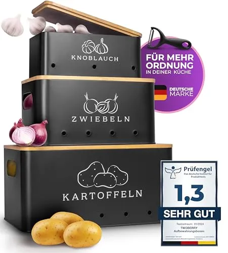 TWOBERRY Kartoffel Aufbewahrungsbox (3er Set) inkl. Sparschäler- längere Haltbarkeit durch Luftzirkulation-ideale Zwiebel Aufbewahrung Kartoffel Aufbewahrung Eckig (Schwarz)