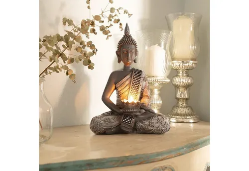 INtrenDU Buddhafigur mit Teelichthalter 30cm - Buddhafiguren, stilvolle Dekoration für Innenräume mit strassbesetzter Schärpe und Teelichthalter für stimmungsvolle Beleuchtung.