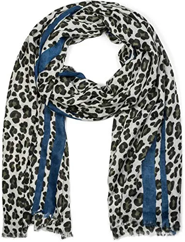 styleBREAKER Damen Schal mit Leo Muster und farbigem Streifen | Weiches Material mit Fransen | Animal Print Tuch in One Size, Farbe:Oliv-Blau