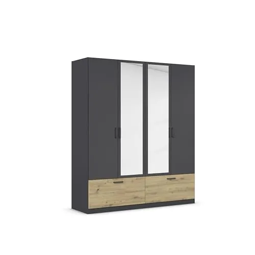 Drehtürenschrank RAUCH BARI mit Spiegel - Moderner Kleiderschrank in Graumetallic/Eiche Artisan, 4 Türen, 2 Schubladen und 2 Kleiderstangen – ideal für eine funktionale Garderobe. Made in Germany, pflegeleicht und mit variablen Einlegeböden.