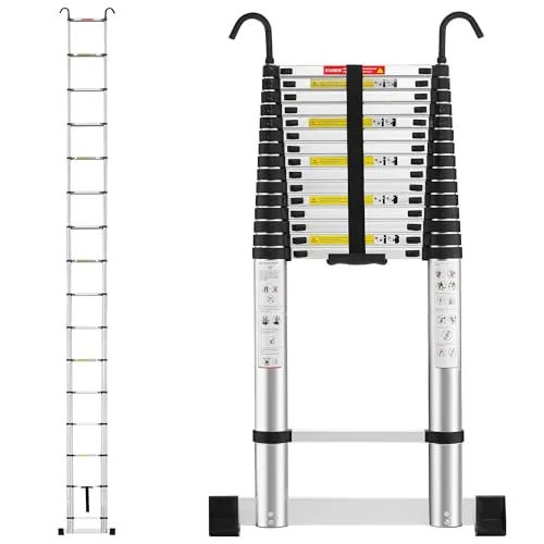 TEENO Aluminium Teleskopleiter 6,2 M| Leiter Ausziehbar mit Ausgleichsstange und 2 Abnehmbaren Haken| Klappbare Ausziehleiter für Heimreparaturen oder Outdoor-Arbeiten geeignet|Tragkraft 150 KG