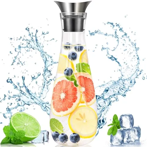 ZHHGOO Wasserkaraffe Glas,Glas Karaffe,Glaskaraffe mit Deckel aus Edelstahl,Saft Krug,Wasserkaraffe Benutzt für Eistee Früchtetee Kaffee Heißes Kaltes Wasser Milch Wein (1.5L)