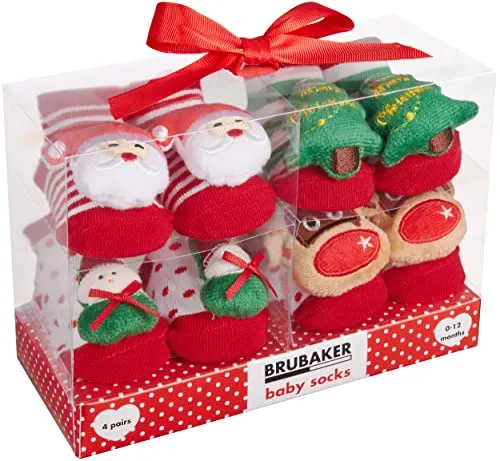 BRUBAKER 4 Paar Babysocken Jungen Mädchen 0-12 Monate - Baby Weihnachtssocken Geschenkset für Neugeborene in Geschenkverpackung mit Schleife - Weihnachten mit Plüsch Stickern