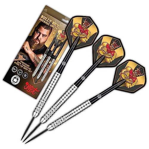 Shot! Steel Darts | Michael Smith | Bully Boy | Precision | 80% Tungsten Steeltip Darts | Steeldart | Hochwertige Tungsten Dartpfeile Set mit Schäften und Flights | Made in Neuseeland | 25 Gramm