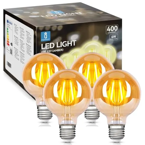 Aigostar LED E27 Vintage Glühbirne 4W (Ersetzt 35W), 400 Lumen, Warmweiss 2200K, Abstrahlwinkel 300°, G80 Edison Lampe Filament Retro Bernstein Flimmerfrei, CRI＞80, 4 Stück