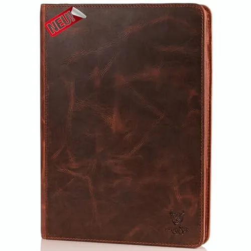 MATADOR „Barcelona“ Echt Leder Dokumentenmappe A4 mit RFID Schutz | Aktenmappe für Herren Konferenzmappe mit YKK Reißverschluss & Tablet-Fach | Ringbuch-Mappe DIN A4 Arbeitsmappe in Vintage Braun