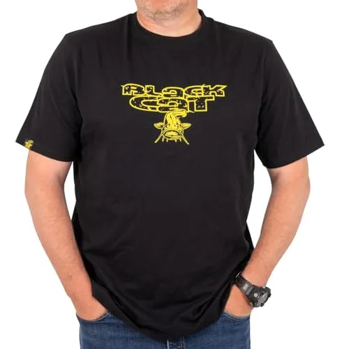 Black Cat Schwarzes T-Shirt mit Distressed-Logo - Angelshirt, Größe:M