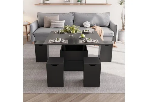 VOWNER Höhenverstellbarer Couchtisch 4-in-1 mit 4 Stühlen, Schwarz