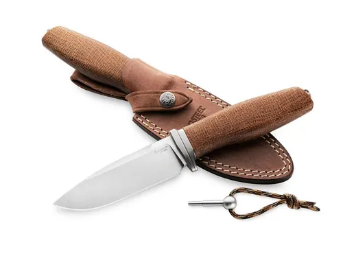 LionSteel ACHA Micarta Natural Taschenmesser - Robustes feststehendes Messer für Outdoor und Jagd. Ergonomischer Griff aus braunem Burlap Micarta, Klinge aus M390. Maximale Stabilität durch durchgängigen Erl und Stahlschraube. Lieferung mit hochwertiger Lederscheide.