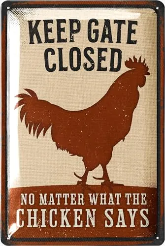 LANOLU Retro Blechschild Hühner, Tor schließen, Hühner Zubehör, lustige Schilder mit Sprüchen, vintage Metallschilder Huhn Deko für den Hühnerstall, Warn- und Garten Schild als Hühner Deko, 20x30cm